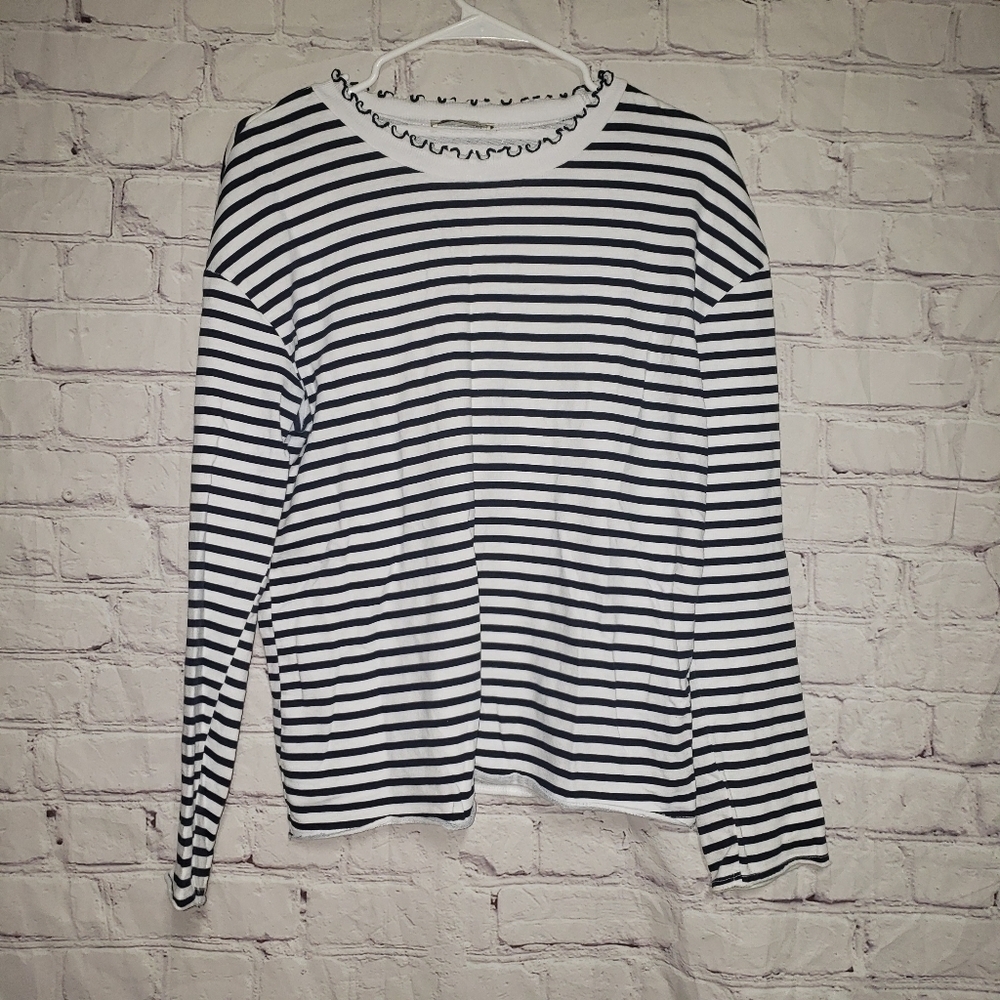 🧡𝅺ZARA Striped Ruffle Collar Raw Hem Top
